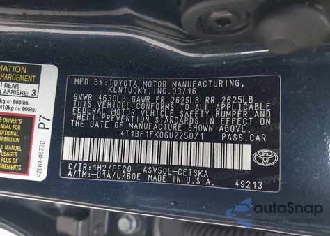 2016 Toyota Camry Se из США, поврежденный, VIN 4T1BF1FK0GU225071